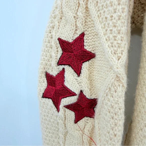 Hand Knitted Beige Cardigan With Red Stars Over Sized Medium - Picture 5 of 7